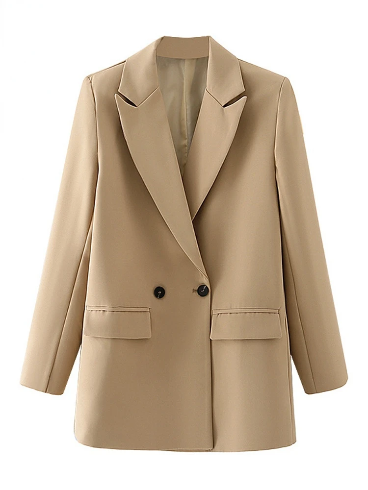 

Women Fashion Double Breasted Office Wear Blazer Coat Vintage Long Sleeve Pockets Female Outerwear Chic Veste Femme