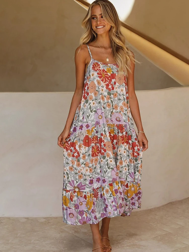 

Jastie Spaghetti Strap Floral Dress Women Side Slit Design Pleated Loose Long Dresses 2022 New Bohemian Elegant Dresses Femme