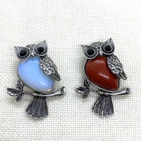 zinc alloy inlay red agate pendant 35x46mm natural stone owl shaped tiger eye brooch charm jewelry diy necklace accessories