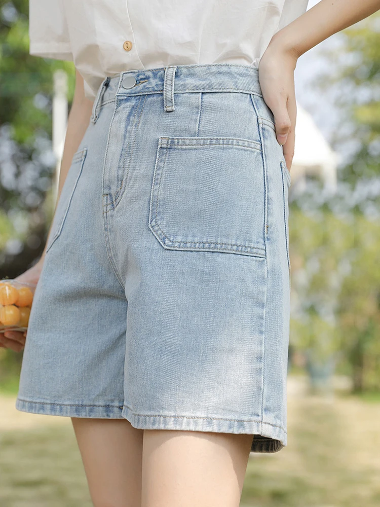 New Summer Women Straight Loose Blue Denim Shorts Streetwear Female High Waist Button Pocket Jeans Shorts Bottoms