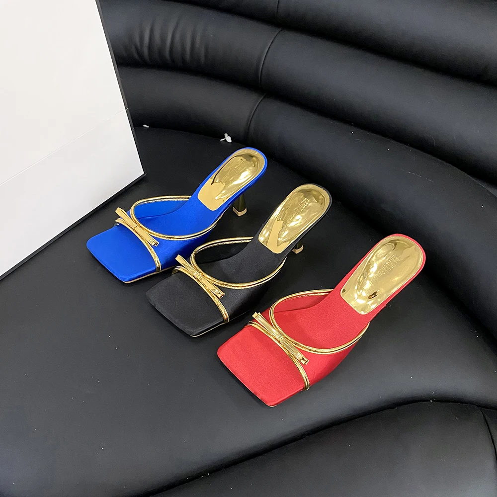 

Сланцы женские с открытым носком, дизайнерские туфли-лодочки на тонком высоком каблуке, цвет черный, красный, синий, летняя обувь, Размеры 35-39
