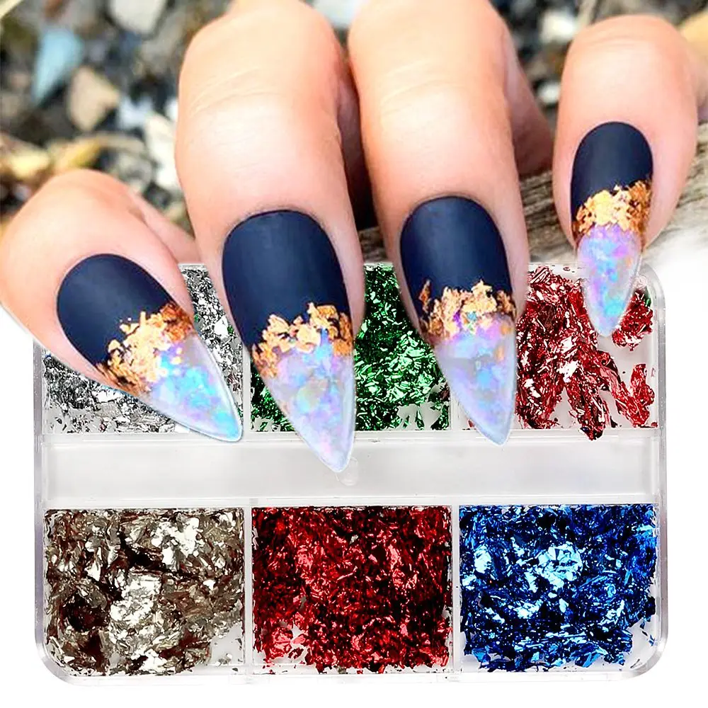 

6 Grids Sparkly Foil Nails Sequins Irregular Aluminum Gold Red Summer Design Set Mirror Chrome Glitter Flakes Gel DIY Manicure