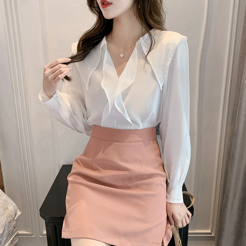 

Женская шифоновая блузка с оборками, однотонная блузка с длинным рукавом и V-образным вырезом, модный Свободный Белый Повседневный Топ в Кор...