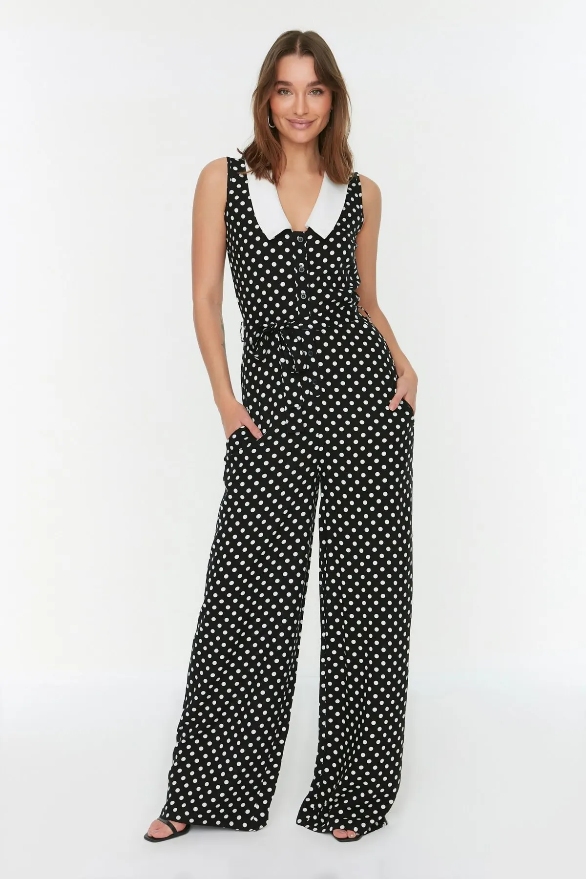 

Women's Overalls Black Belted Collar Detailed Polka Dot Jumpsuit Hot Casual Fashion Sleeveless Baggy Trousers