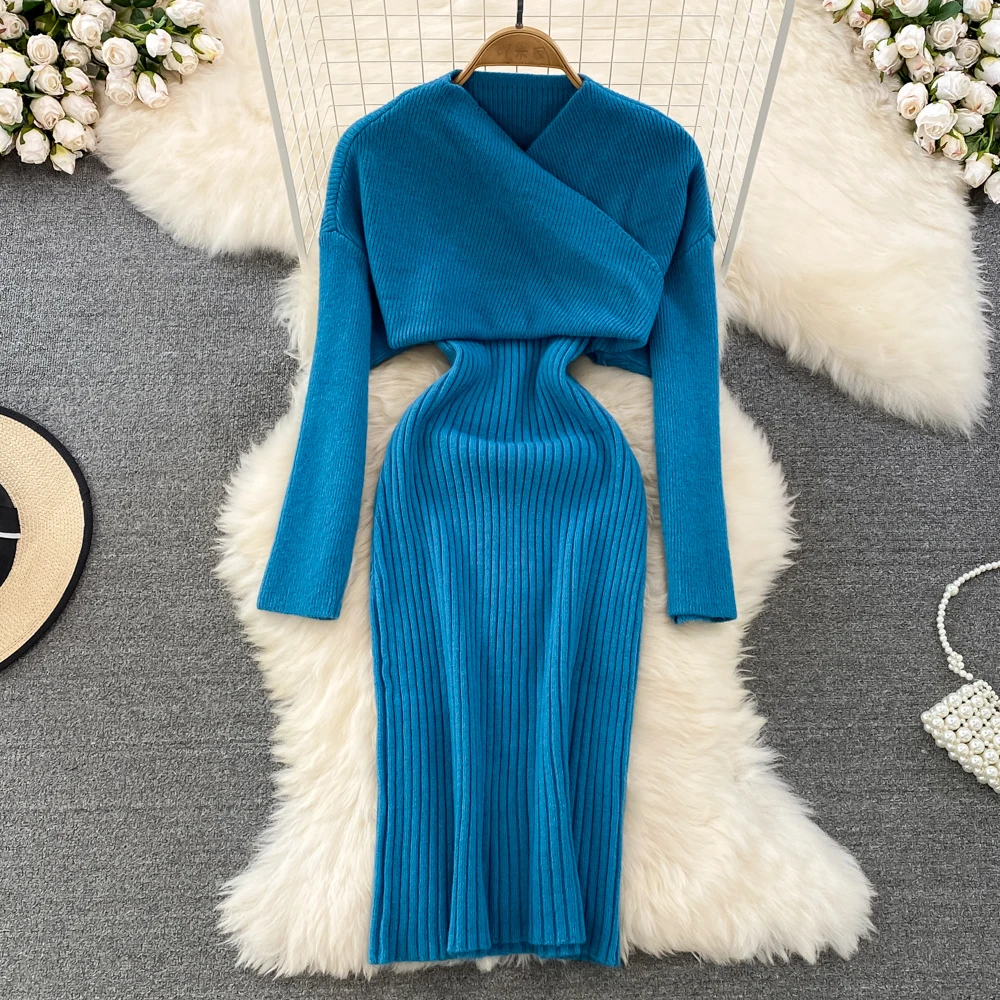 

Amolapha Women Knitted Short Pullover Sweater Tops+Slim Sleeveless Solid Color Suspender Strap Dress Female Clothes Suits