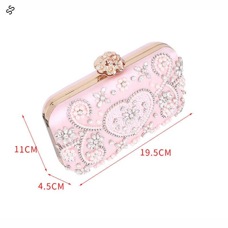 Handmade Pearls& Rhinestones Pink Make-up Ladies Hard Shell-clutch Bags Gold Flower Lock Handbag