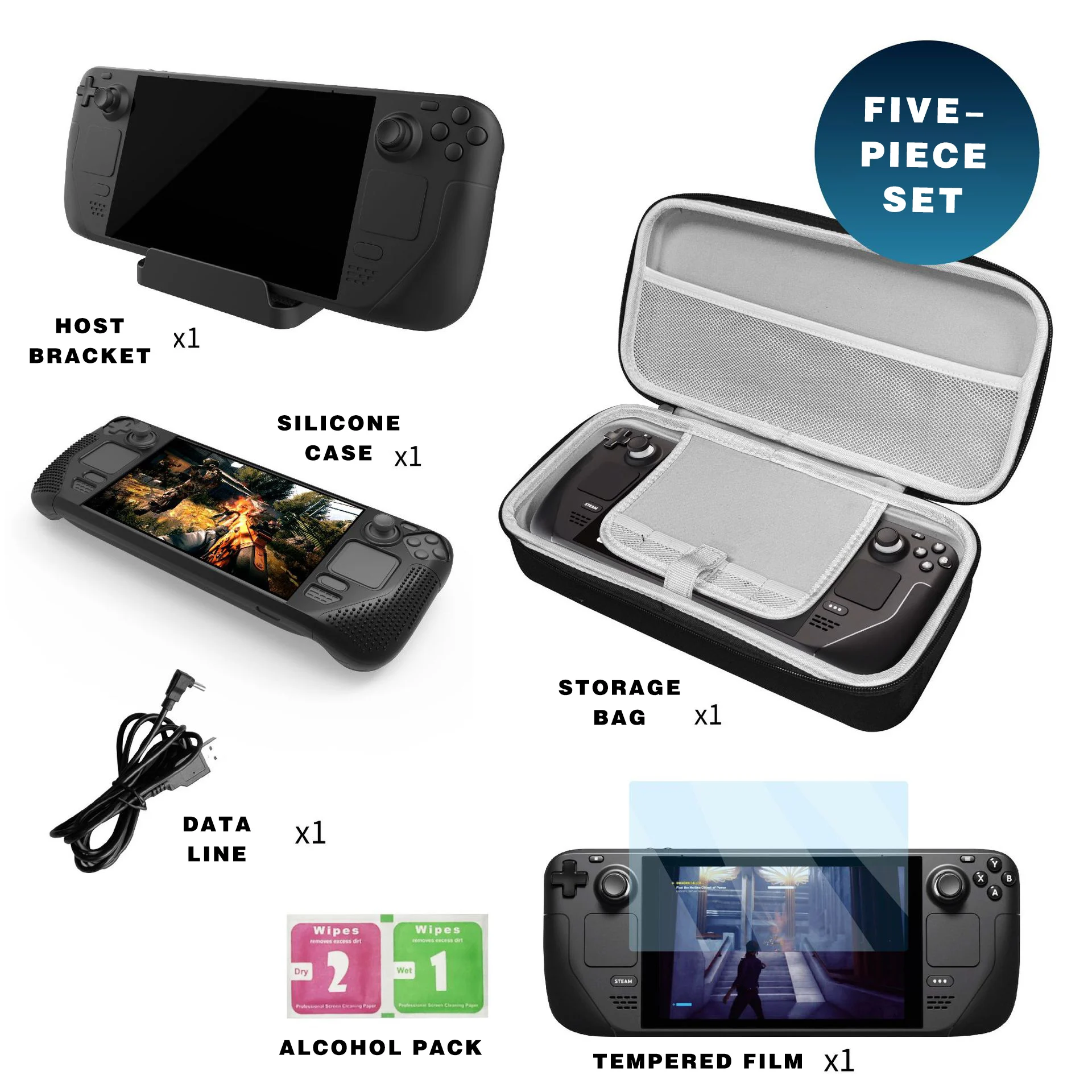

Five-in-One SteamDeck Game Console Set GameAccessories Rubber Sleeve + TemperedFilm + Host Bracket + Charging Cable + StorageBag