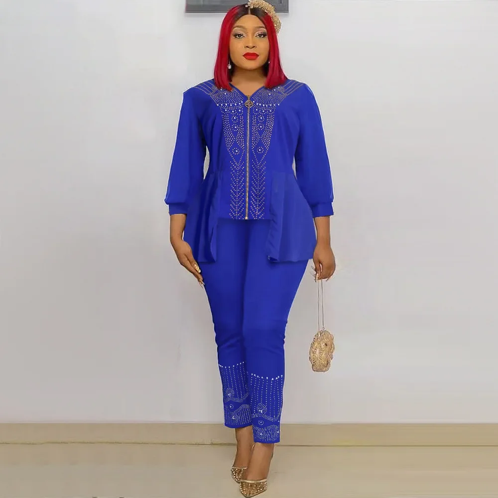 

African Plus Size Clothing For Women Traditional Ankara Beads Tops Pants Two PCS Set 2023 Wedding Party Dashiki Outfit Blouse