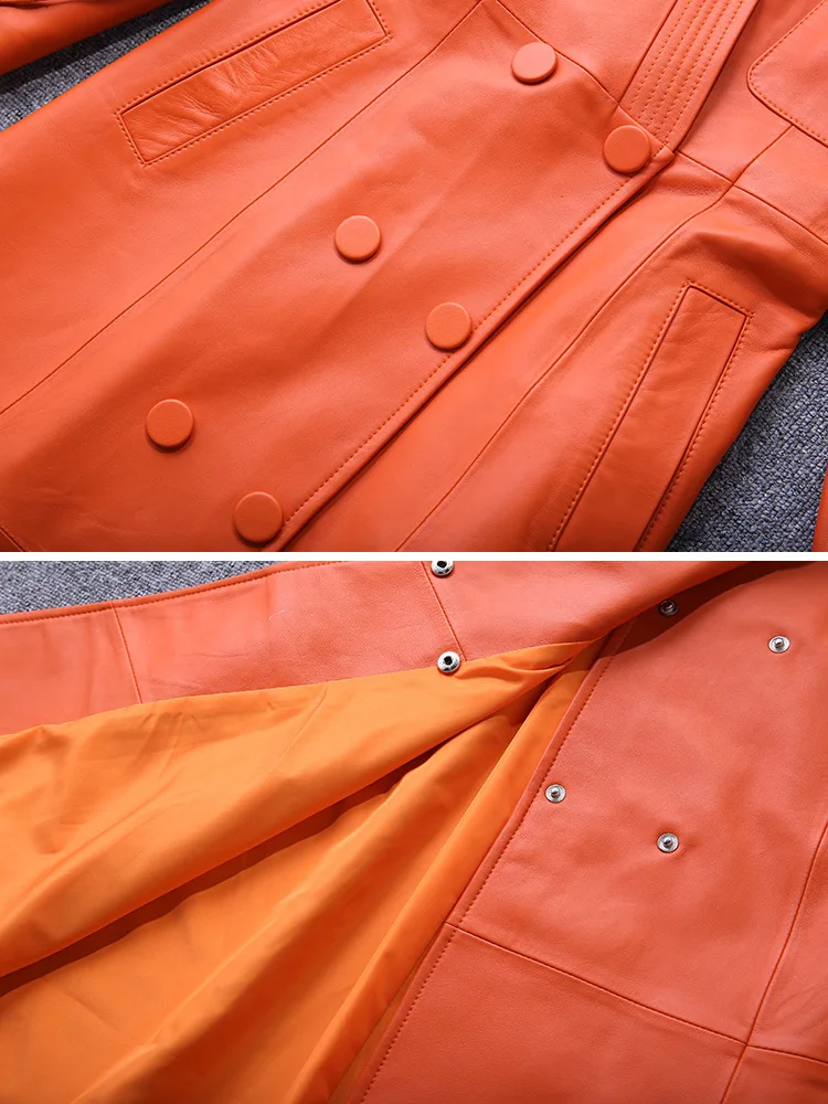 Кожаный плащ для женщин 2024 оранжевый с v-образным вырезом двубортный ремень на