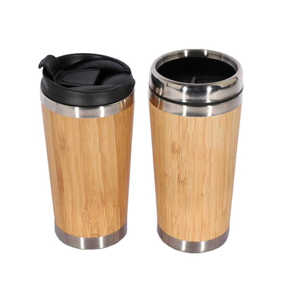 

450ml Bamboo Coffee Cup Stainless Steel Eco-Friendly Thermos Water Bottle Flip Lid Travel Cup Portable For Retirement Gift