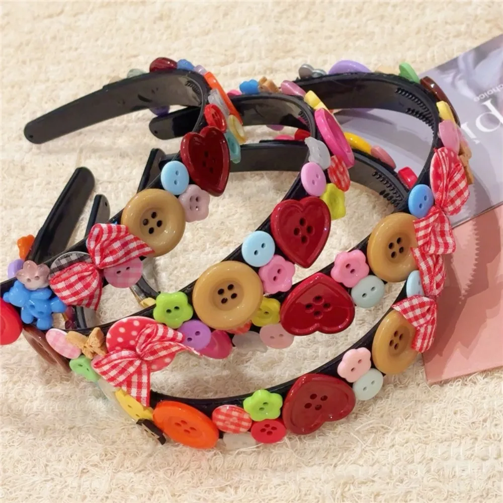 Dopamine Coloured Button Headband Face Washing Y2k Childishness Hairband Korean Style Headwear Bow Hair Hoop Photograph Prop