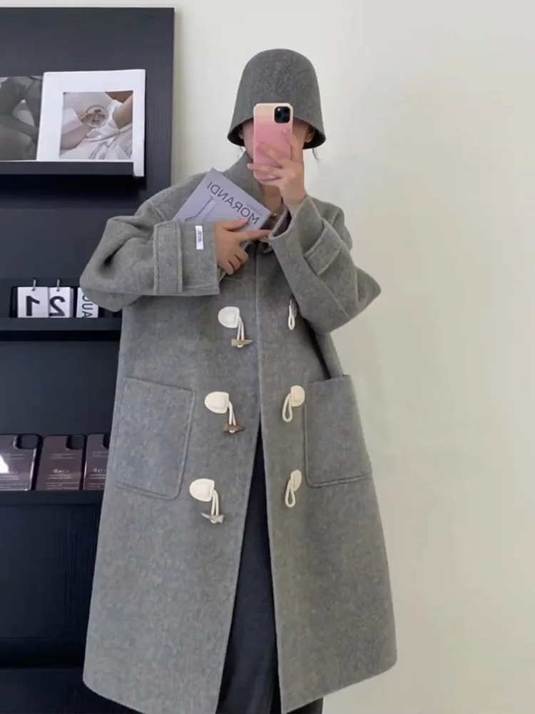 

Cow Horn Button Double sided Cashmere Coat Women's Mid length Korean Premium 2022 New Hepburn Style Woolen Coat