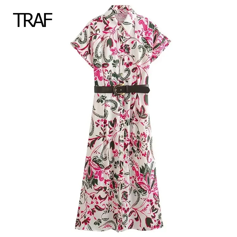 

TRAF Print Midi Shirt Dress Women Summer 2023 Flower Short Sleeves Loose Belt Boho Female Long Dress Vintage Resort Floral Dress