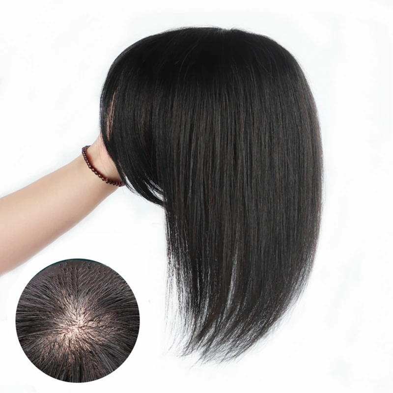 

Halo Lady Real Natural Human Hair Topper Pad Straight Hairpiece With Bangs Cover White Hair Loss For Women 8-12inch Machine Remy