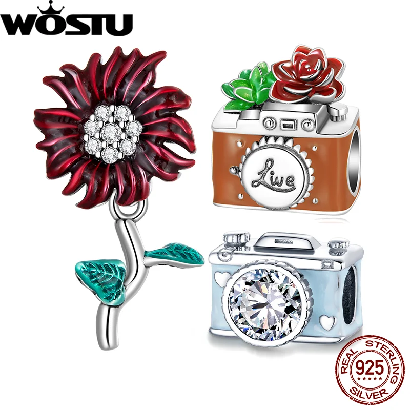 

WOSTU 925 Sterling Silver Red Flower Beads Vintage Travel Camera Charms For Women Fit Original Braelet Bangle Jewelry Making
