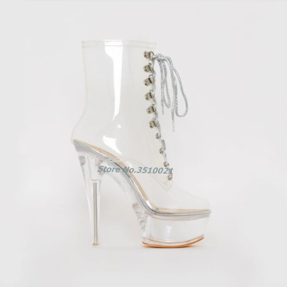 Clear Silver Platform Lace Up Boots Clear Stiletto High Heels Sexy PVC Material Women Dress Shoes 15cm Fashion European Style