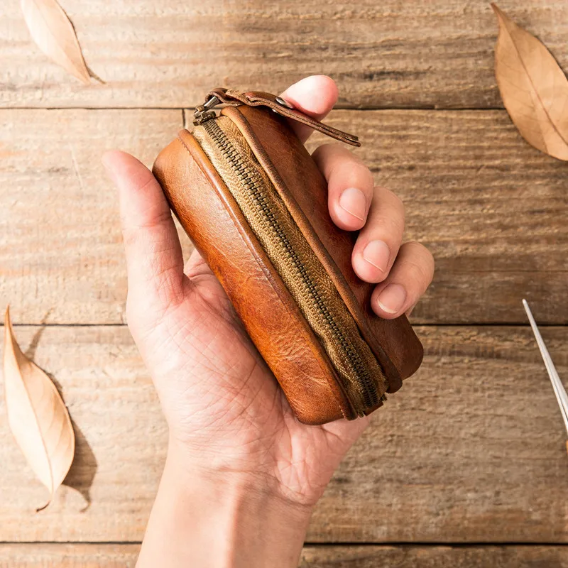

Vintage vegetable tanned cowhide wallet women's old small coin purse natural real leather zipper men's card holder key case men
