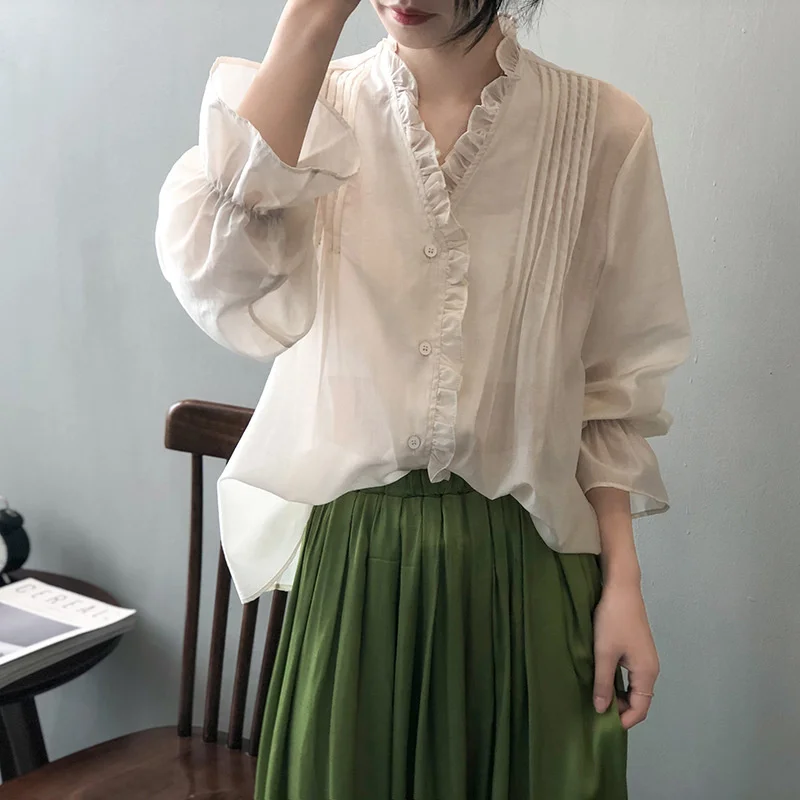 

Solid Ruffle V-neck Lantern Sleeve Shirt White Green Spring Summer Women Blouse