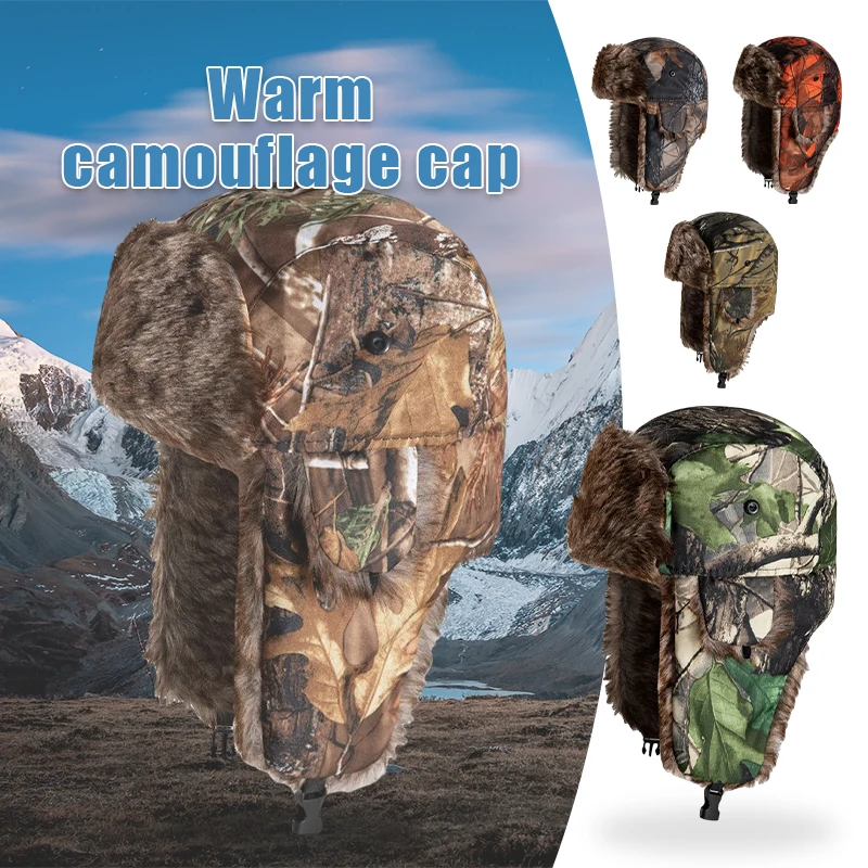 Camouflage Earflap Hat Winter Warm Cycling Cap Outdoor Ski Hiking Russian Hat Hunter Aviator Trooper Fleece Earflap Elderly Cap