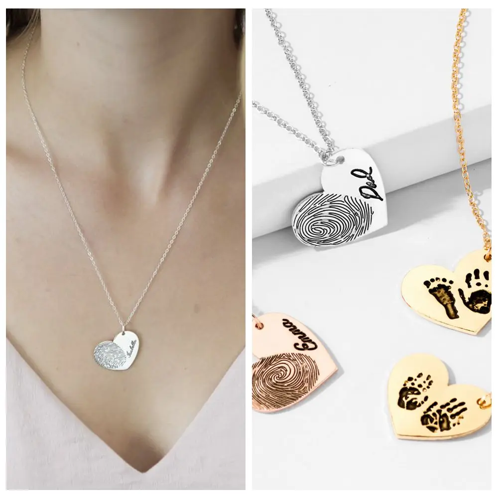 

Actual Fingerprint Necklace Engraved Fingerprint Handwriting Jewelry Custom Heart Charm Memorial Necklace Personalized Gift