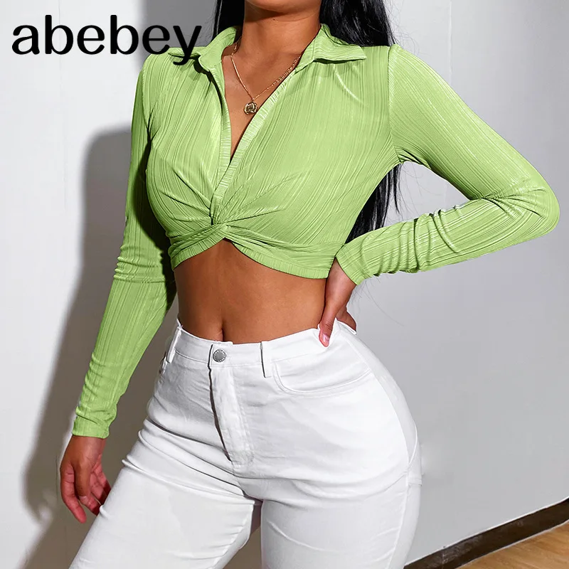 

2021 Autumn Fashion Turn-Down Collar Short T-Shirt Tangle up Ruched Sexy V Neck Long Sleeve Slim Skinny Tops Women Clothing