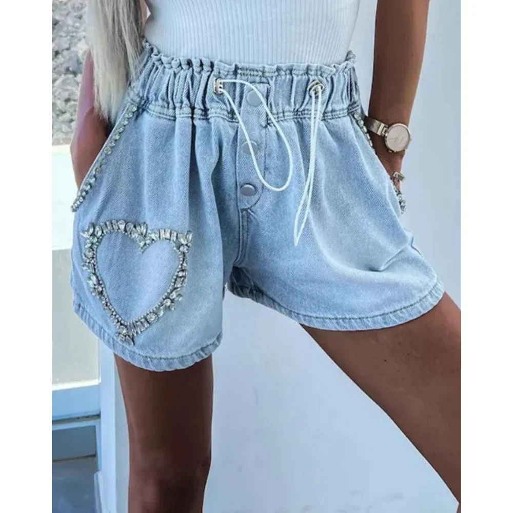 Y2K Summer New Casual Fashion Shorts Temperament Commuting Rhinestone Heart Pattern Drawstring Denim Shorts