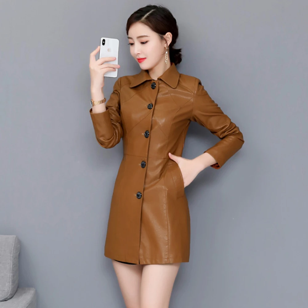 New Women Leather Coat Spring Autumn Fashion Doll Collar Slim Waist Sheepskin Trench Outerwear Mid-Long Tops Coat Split Leather