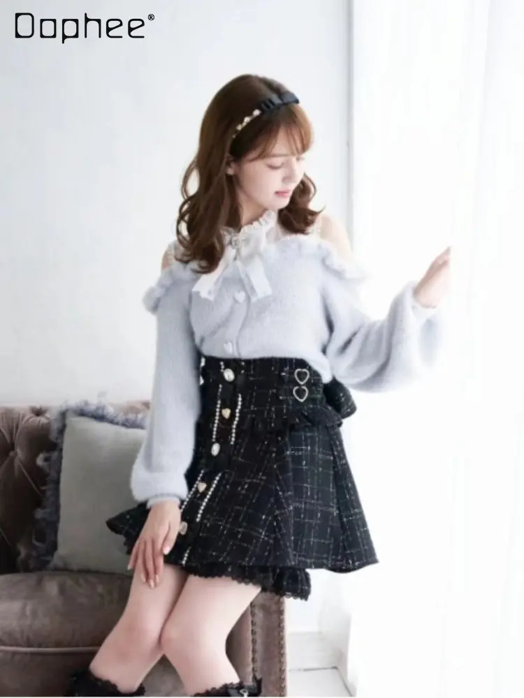 Sweet Lolita Bow Lace Furry Sweater Female Student 2022 Autumn Winter New Cute Long Sleeve Off-Shoulder Slimming Knitwear Women