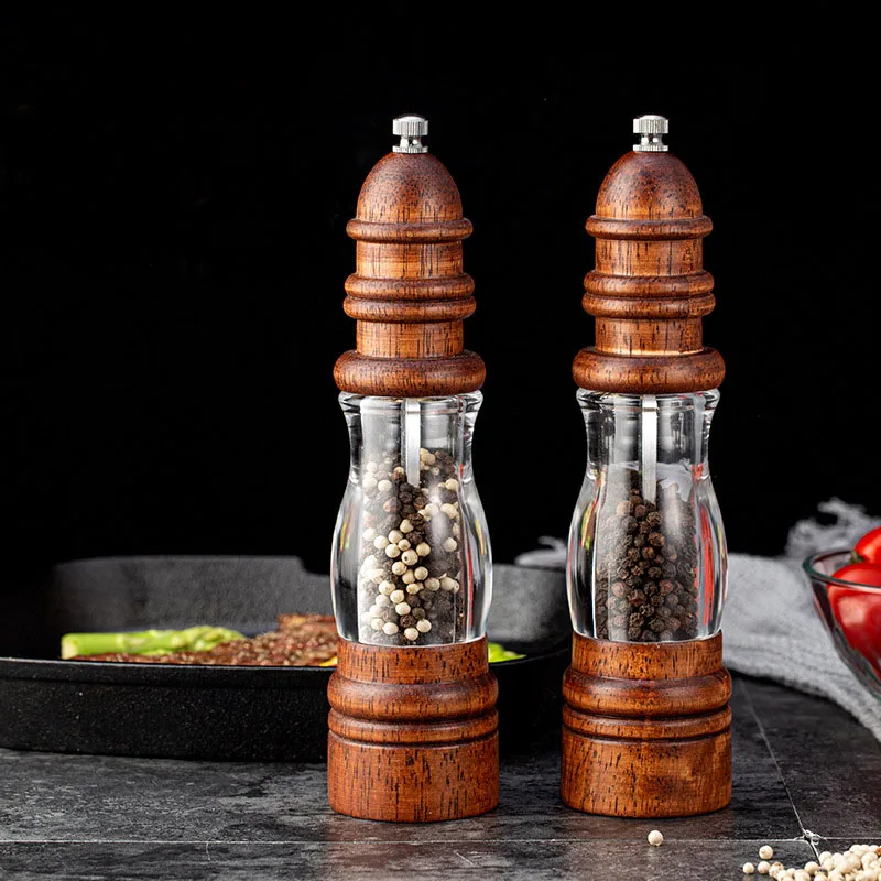 

8 Inches Salt Pepper Grinder Rubber Wood Rotor Ceramic Blades Visible Window Adjustable Coarseness Manual Salt Pepper Mills