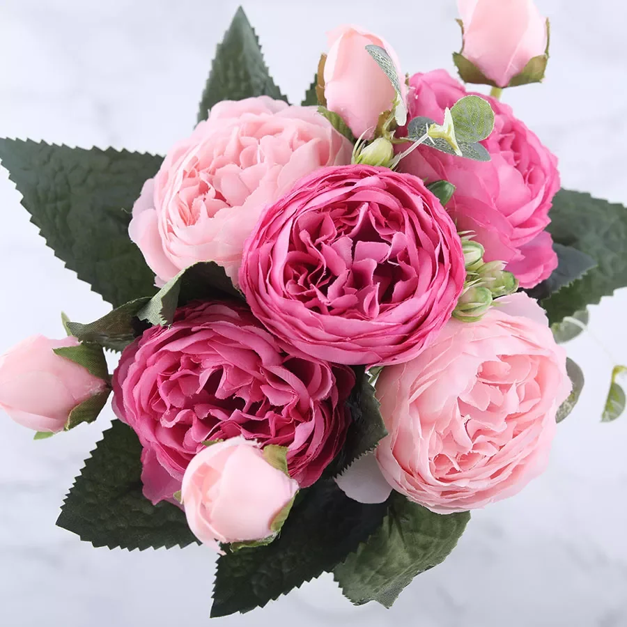 

30cm Rose Pink Silk Peony Artificial Flowers Bouquet 5 Big Head and 4 Bud Cheap Fake Flowers for Home Wedding Decoration indoor