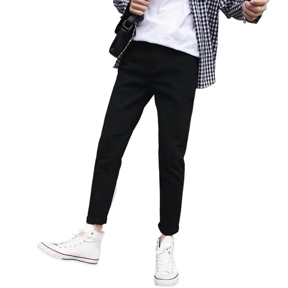 

Korean Style Mid-rise Button Zipper Fly Pockets Men Jeans Ripped Holes Slim Fit Denim Pants Streetwear pantalones hombre