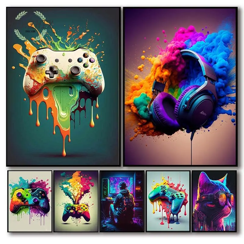 

80s Colorful Punk Neon Gamer Controller Cool Gaming Canvas Painting For Wall Art Picture Esports Game Room Decor Poster Prints