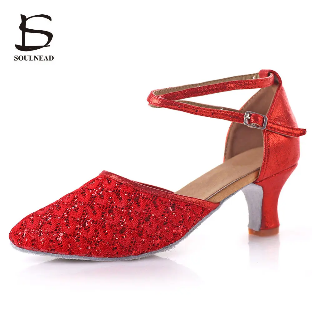 Women Latin Dance Shoes Professional Ballroom Tango Tap Dance Shoes Red Black High Heels 5/7cm Salsa Dancing Shoe Ladies Sandals