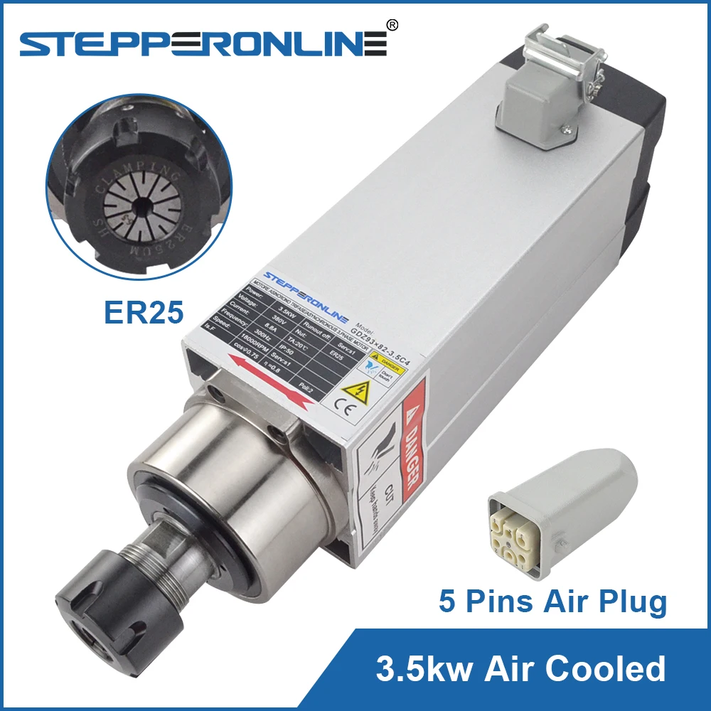 

STEPPERONLIN Square Spindle Motor Air Cooled 380V 3.5KW 18000RPM 300Hz ER25 Collet CNC Engraving Router Milling Grinding Machine