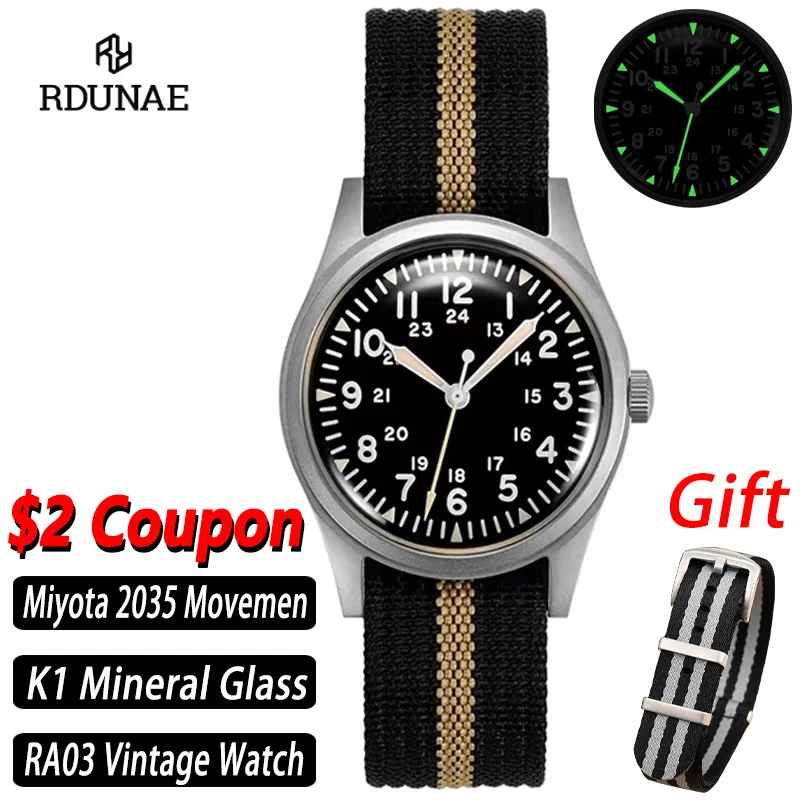 RDUNAE RA03 Военные кварцевые часы 2035 механизм винтажные K1 минеральное стекло