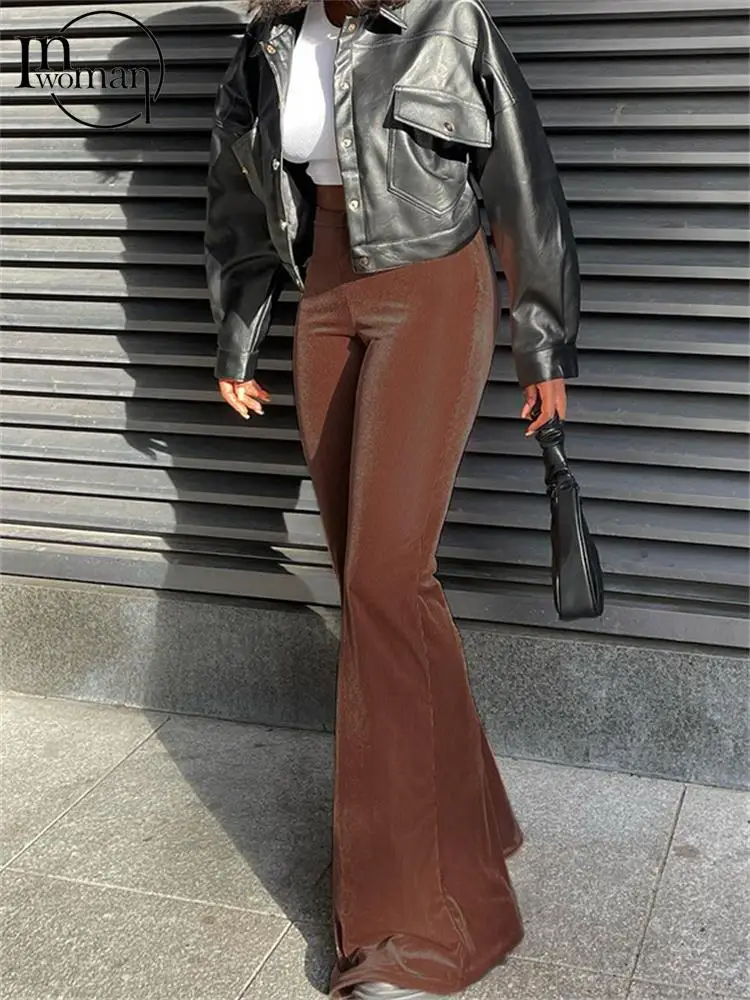 

Inwoman Autumn Velvet Flare Pants Casual Outfit For Women 2022 Brown High Waist Fashion Long Pants Female Solid Skinny Trousers