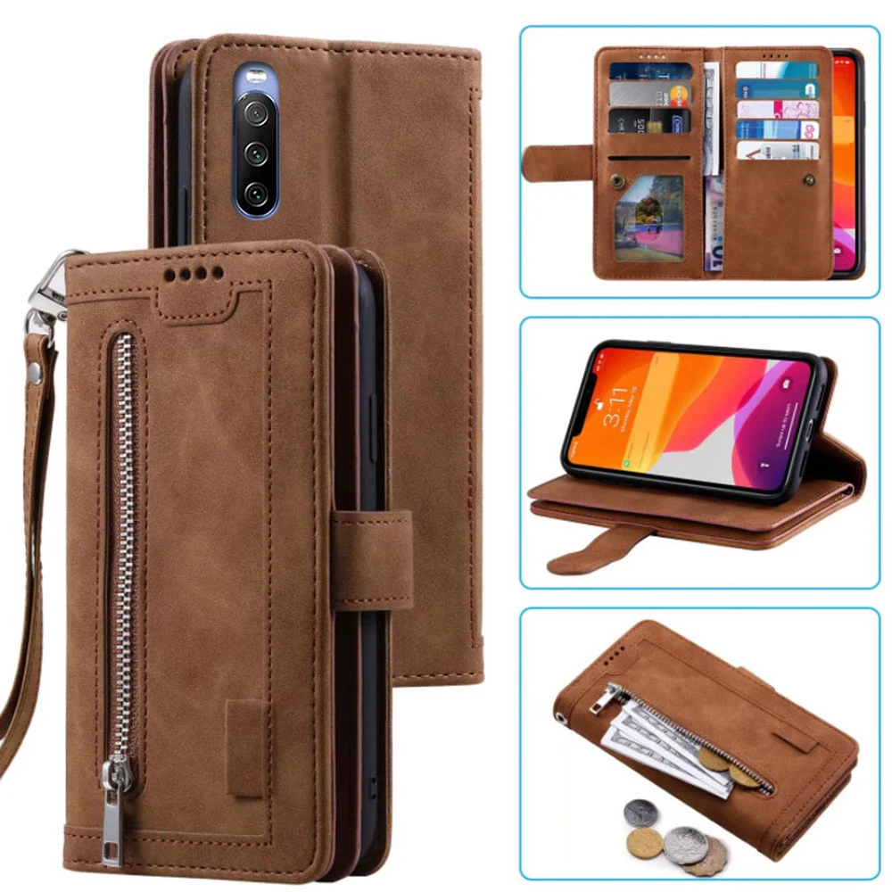 

9 Cards Wallet Case For Sony Xperia 10 III Lite Case Card Slot Zipper Flip Folio with Wrist Strap Carnival Sony XQ-BT44 Cover
