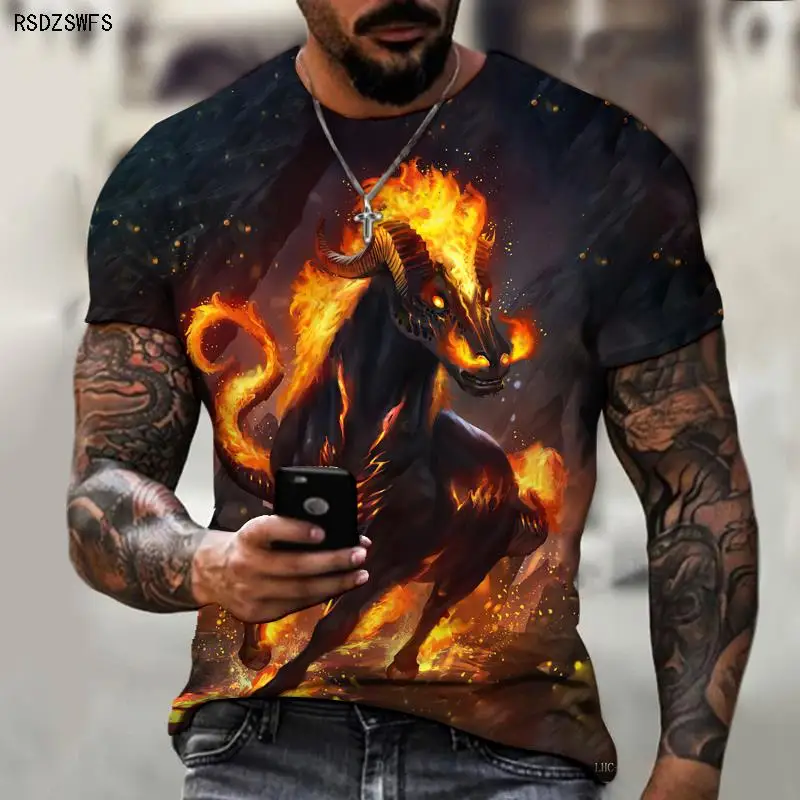 

Brand Men’s Shirt, Flame Horse, Hell Mount, Warrior, 3D Printing, Street Cool Top. Round Neck Design, Comfortable, Oversized 5XL