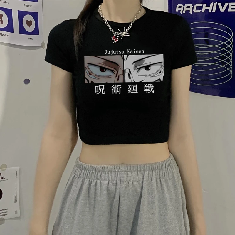 

Повседневные укороченные топы с рисунком аниме Харадзюку юютсу кайсен, футболки с круглым вырезом и коротким рукавом, одежда, рубашка, винт...