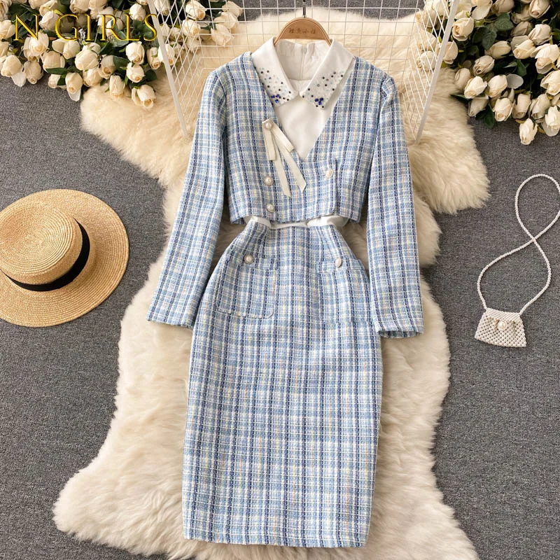 

N GIRLS Autumn High Quality Sets Korean OL Tweed Two Piece Set Women Crop Top Short Jacket Coat + Patchwork Beading Dress Suits