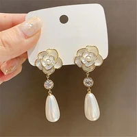 s925 silver needle french retro temperament drip oil camellia earrings womens sweet long water drop pearl earrings