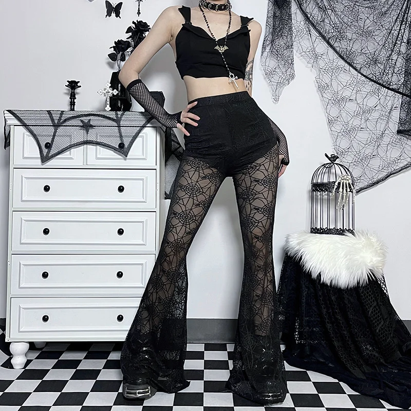 

Женские расклешенные брюки Goth Design, сексуальные кружевные брюки с высокой талией и цветочным принтом в готическом стиле на все сезоны, 2022