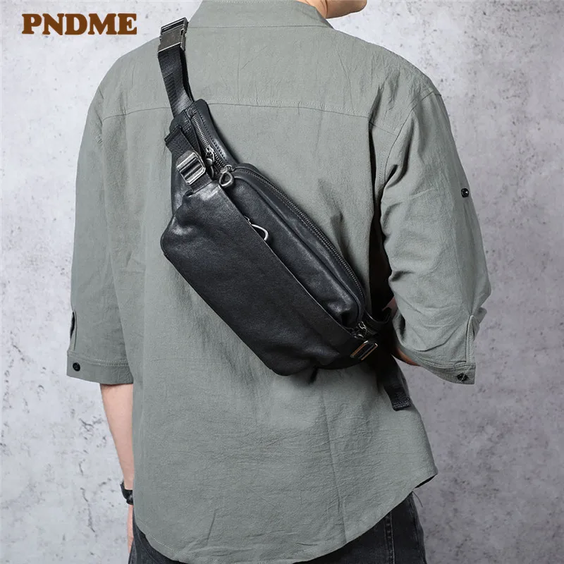 Casual fashion designer genuine leather men's black chest bag natural soft first layer cowhide waist pack daily crossbody bag