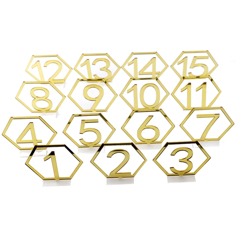 

Mirror Hexagon Hollow Number 1-15 Wedding Seat Table Number Plate Decoration Crafts