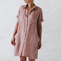 european style 2022 new cotton linen mid length cardigan button dress women mid sleeve irregular pocket lapel shirt dress