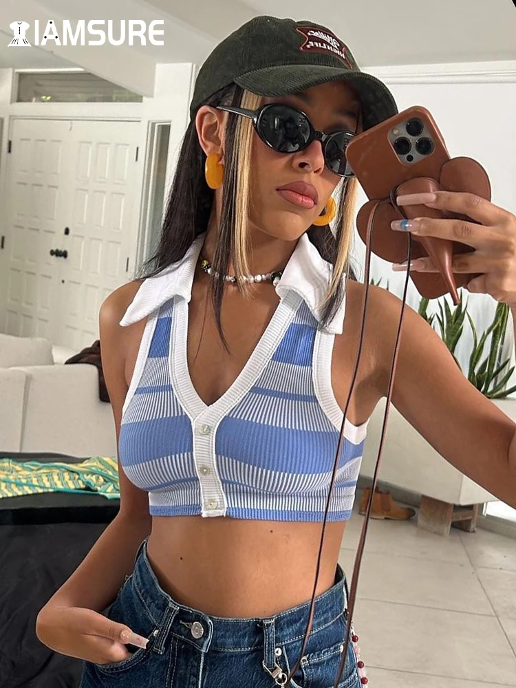 

IAMSURE Casual Striped Patchwork Halter Tops Sexy Slim Turn-Doown Collar Sleeveless Cropped Tops Women 2022 Summer Fashion Lady
