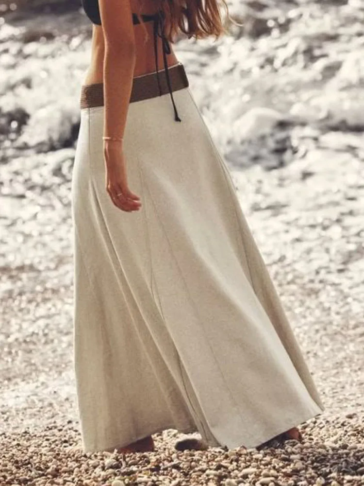 

2023 Women Summer Linen Skirts Fashion Solid Loose Belt Ankle-Length Female Elegant Street MIDI Skirt Clothing