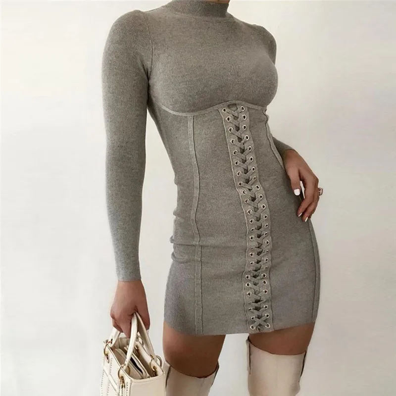 

Long Sleeve Tight Fit Women 2021 Fall Tight Round Neck Mini Dress Women Sexy Lace Party Nightclub Ladies Gothic Dress