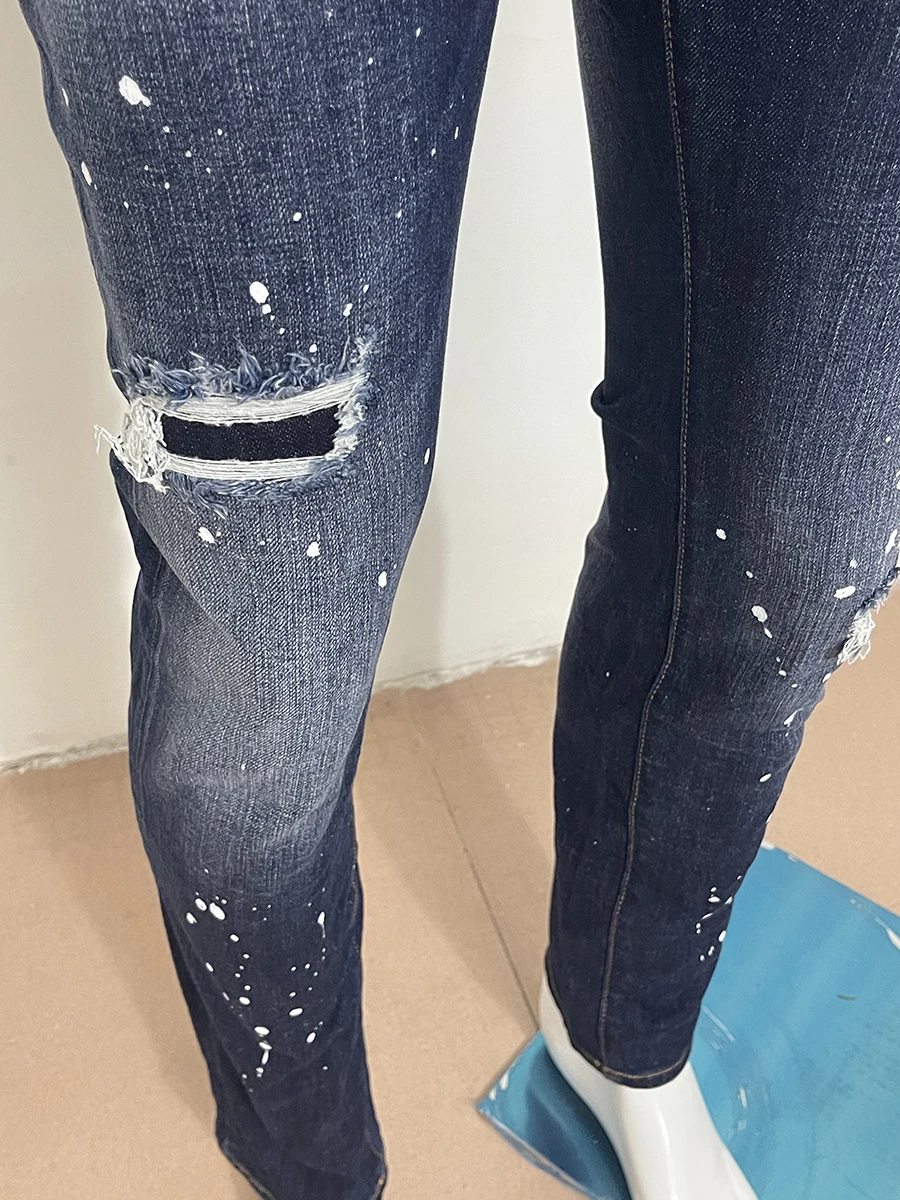 2023 new jeans three-dimensional cut D2 Men's jeans dark blue slim-fit little bullet worn edge casual trend