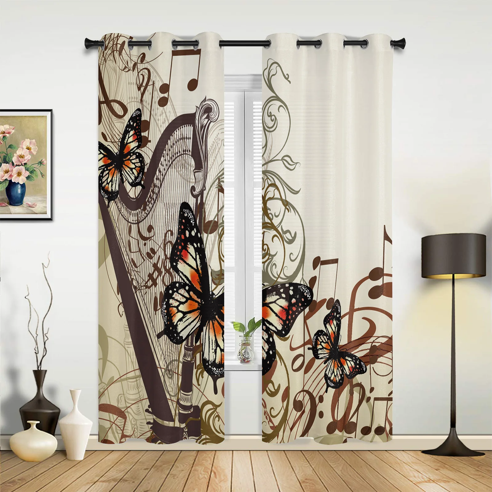 

Music Notes Butterfly Vintage Curtains for Bedroom Living Room Drapes Kitchen Children's Room Window Curtain Modern Home Decor